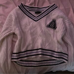 White Cable Knit Sweater with Black Trim